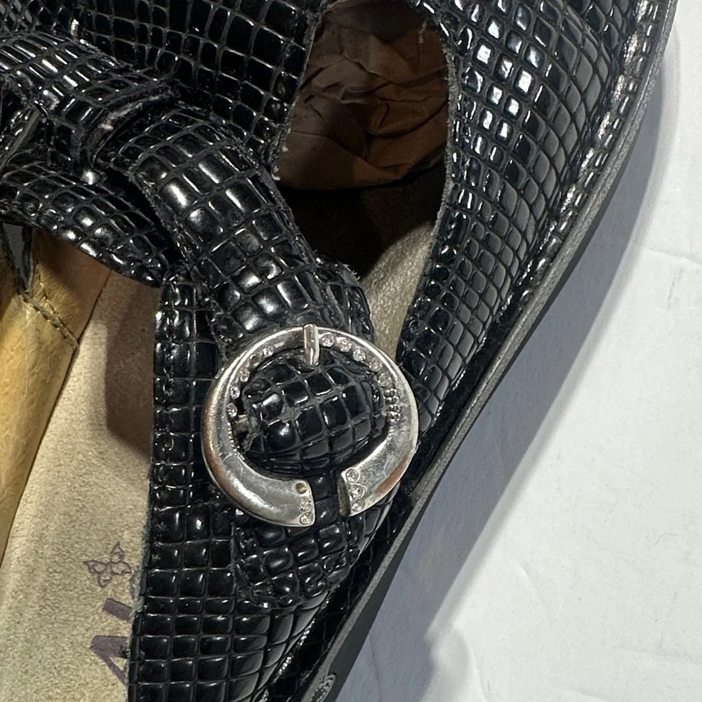 Alegria Black snakeskin Glossy Mary Jane slip on clogs w adjustable side strap - Picture 9 of 11